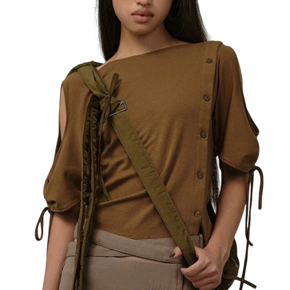 Women’s Brown Asymmetric Button-Detail Blouse